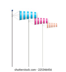 Illustration of windsocks by wind. Three striped blue, pink and red windsocks by wind.
