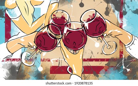 Illustration with wine. alcohol. Hen-party. Vector. Sketch with a glass of wine. Wine and hands. Picture for the background. Girls in white. Bright spots and blots. Graffiti. 