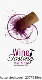 Illustration with wine bottle cork stopper and red wine stains. Wine banner template.