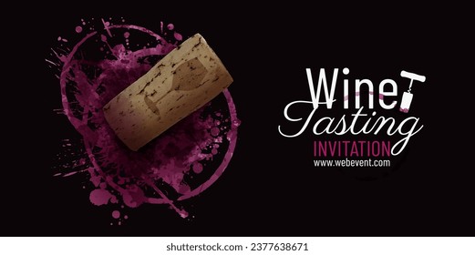 Illustration with wine bottle cork stopper and red wine stains. Wine card template