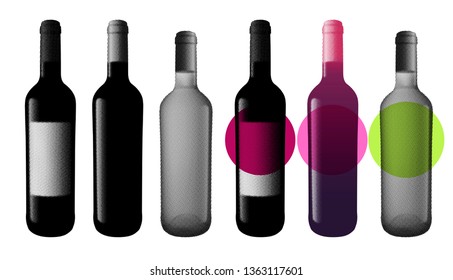 Illustration of wine bottle with dot pattern, retro 80's style, halftone. For the design of brochures, posters, invitations or banners. Vector.