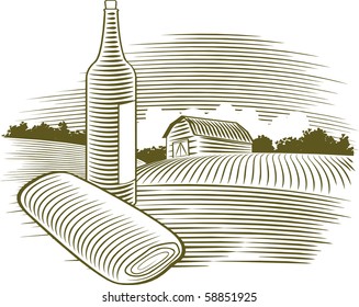 Illustration of a wine bottle with a farm scene in the background