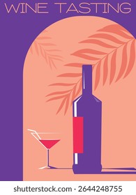 Illustration wine bottle glass, flat style, beach party poster. Restaurant banner, wine list, sommelier, wine tasting, cocktail, martini