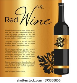 Illustration wine bottle with grape leaf, gold background - vector