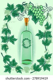 Illustration of wine bottle with label and grape frame
