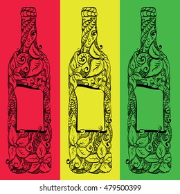 Illustration wine bottle sketch on Background of Rasta Colors. Decorative bottle with flower.