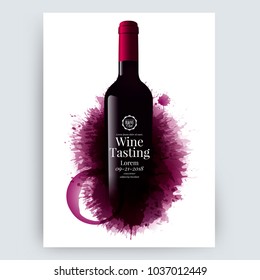 Illustration of wine bottle with wine stains background. Illustration of bottle and stains by layers. Red wine color texture. Sample text. Vector design