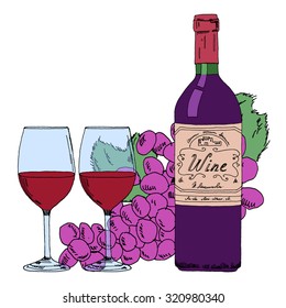 Illustration of wine bottle and two glasses. Intobackground red grapes. Hand illustration, perfect for the menu in restaurants or bars.