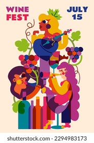 Illustration for the wine festival. Grapes, music, a relaxing, festive atmosphere and a lot of wine pouring into a glass of summer evening air. Great for printing and will make your ad stand out!