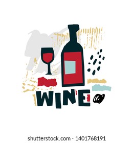 Illustration of wine glass with red in paper cut style. Collage style. For wine events, presentation and product tasting. Text wine. Vector design