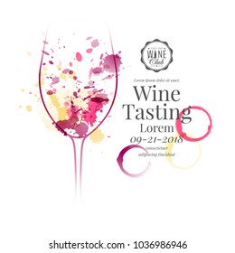 Illustration of wine glass with red, white and rose wine stains. For wine events, presentation and product tasting. Sample text Vector design