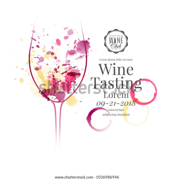 赤 白 バラのワインのしみのあるワイングラスのイラスト ワインイベント プレゼンテーション 商品テイスティング サンプルテキストのベクター画像デザイン のベクター画像素材 ロイヤリティフリー