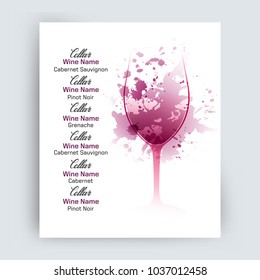 Illustration of wine glass with scattered red wine stains. Sample text for menu, wine list or wine tasting. Vector design