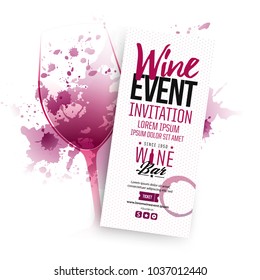 Illustration of wine glass with scattered wine stains. Text composition for invitations creativity and wine event announcement.idea for parties, events and celebrations. Vector design