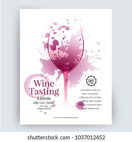 Illustration of wine glass with scattered wine stains. Text composition for invitations creativity and wine event announcement. Vector design