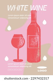 Illustration of wine glass with white wine, vector. Splashes of wine, liquid, drops. Drawing for wine designs. Event, party, presentation, promotion, menu.