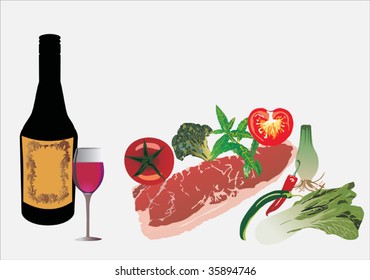 ilustración con vino, carne y hortalizas