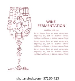 Illustration With Winery Elements And Text. Modern Thin Line Icons, Flat Style Design. Vector Background With Wine Icon Collection. White And Purple Decorative Backdrop 