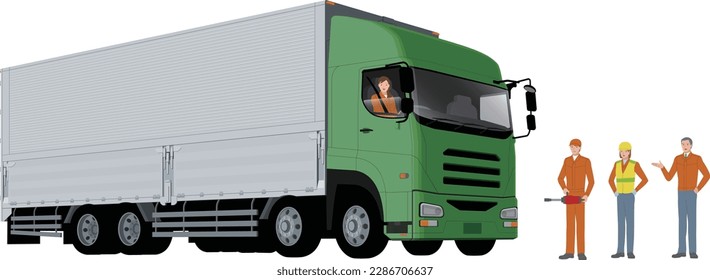 Illustration of wing truck, driver and transportation company staff