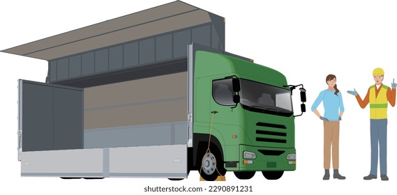 Illustration of wing truck, driver and transportation company staff
