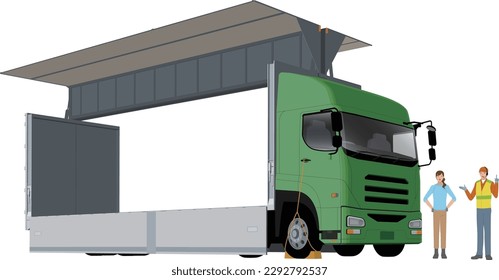 Illustration of wing truck, driver and transportation company staff
