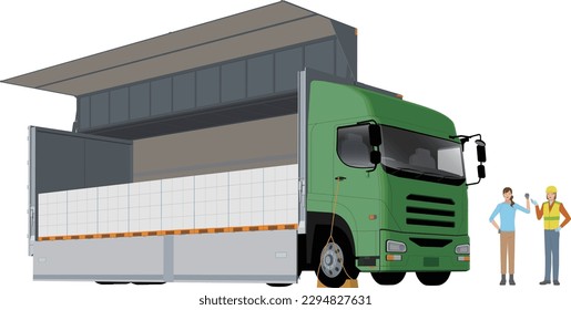 Illustration of wing truck, driver and transportation company staff

