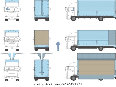 Illustration of a wing truck. Front, side, back.