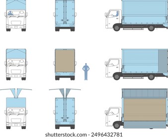 Ilustración de un camión alar. Delantero, lateral, trasero.