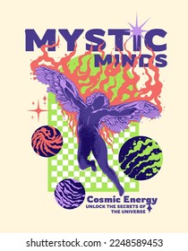 An illustration of a winged angel featuring cosmic graphic elements, accompanied by slogans that evoke the mysteries of the universe