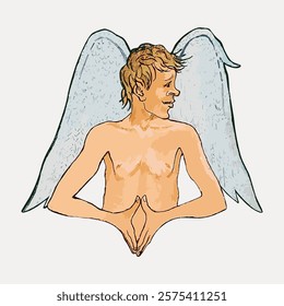 Illustration of a winged angel with a serene expression. The angel has large wings and a peaceful demeanor. Angel wings and serene expression stand out. Vintage art, isolated vector element.