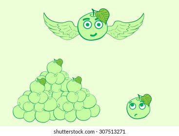 Illustration with winged apple with eyes and a small group of apples