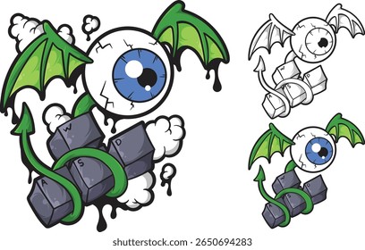 Illustration of a winged demon eye with WASD keys, the symbol of a true gamer. Unique and edgy design for gaming or dark fantasy themed stickers, t-shirts and accessories.