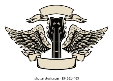 Illustration of winged guitar with ribbons isolated on white background. Design element for poster, banner, sign, emblem. Vector illustration