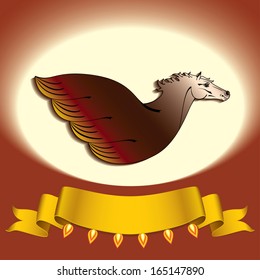 illustration of a winged horse with ribbon banner at the brick and pale yellow background