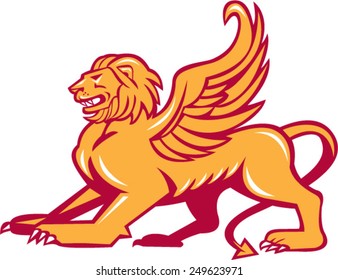 Illustration of a winged lion big cat or the lion of St. Mark viewed from side ready to pounce on isolated background.