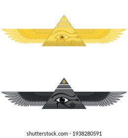 Illustration of winged pyramid with eye of horus, ancient egyptian pyramid with wings, winged pyramid, eye of horus, cross ankh