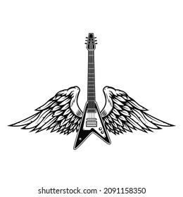Illustration of winged rock guitar. Design element for logo, label, sign. Vector illustration