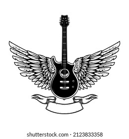 Illustration of winged rock guitar. Design element for logo, label, sign. Vector illustration