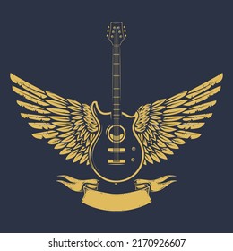 Illustration of winged rock guitar. Design element for logo, label, sign. Vector illustration