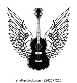 Ilustración de la guitarra de rock alado. Elemento de diseño para logotipo, etiqueta, signo. Ilustración del vector