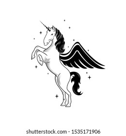 illustration of winged silhouette of unicorns. template, background, tattoo. Print for t-shirts. Vector illustration of a hand drawn, black outline on white, isolated.