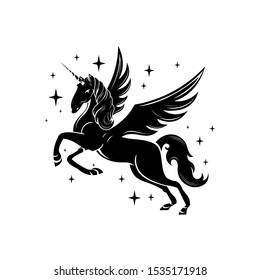 illustration of winged silhouette of unicorns. template, background, tattoo. Print for t-shirts. Vector illustration of a hand drawn, black outline on white, isolated.