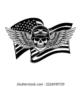 Illustration of winged skull on american flag background. Design element for poster, card, banner, sign, emblem. Vector illustration
