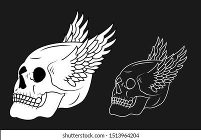 Illustration of a winged skull in two variations.