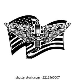 Illustration of winged spark plug on american flag background. Design element for poster, card, banner, sign, emblem. Vector illustration
