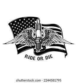 Illustration of winged spark plug on american flag background. Design element for poster, card, banner, sign, emblem. Vector illustration