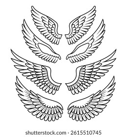 Illustration of wings collection set -Elegant Hand-Drawn Angel Wings Vector Set – Black and White Feathered Wing Illustrations