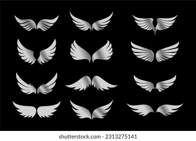 ilustración alas águila plata brillante lujo elegante. silueta negra abstracta de alas abstractas vectoriales simétricas del icono del vector. Elementos sencillos de diseño de logotipo o signo. aislado en un fondo oscuro