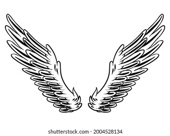 Illustration of wings for logo and branding element. feather set hand drawn cartoon tattoo clip art