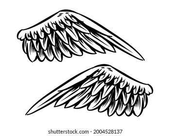 Illustration of wings for logo and branding element. feather set hand drawn cartoon tattoo clip art